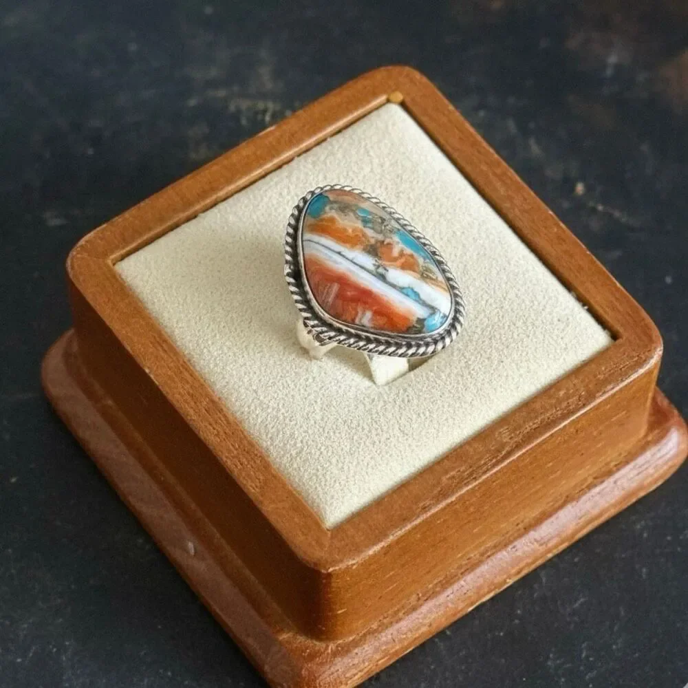 Southwestern Spiny Oyster Turquoise Ring Silver Statement Boho Size 6 Unique New